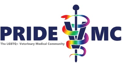 PRIDE VMC logo with a rainbow snake around a staff and the text The LGBTQ+ Veterinary Medical Community