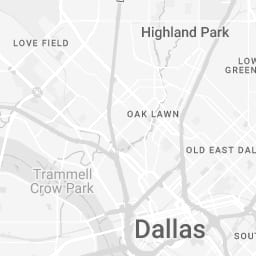 Grey street map of the Dallas area showing Love Field, Highland Park, Oak Lawn and Dallas