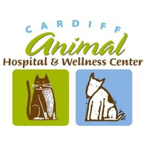 Cardiff Animal Hospital & Wellness Center logo with a brown cat on green and a white dog on blue