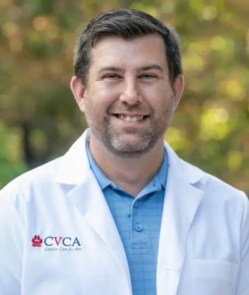 Smiling man with short dark hair and a beard in a white coat over a blue polo shirt outdoors