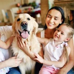 Golden-coloured dog with its tongue out beside a smiling woman and a young girl indoors