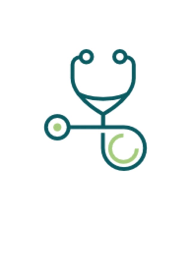Teal and green line icon of a stethoscope on a white background