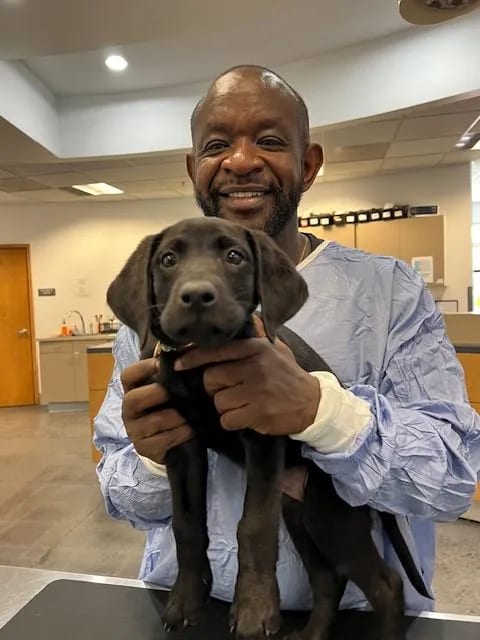 Smiling person in a blue gown holding a black puppy at a table in a clinic room