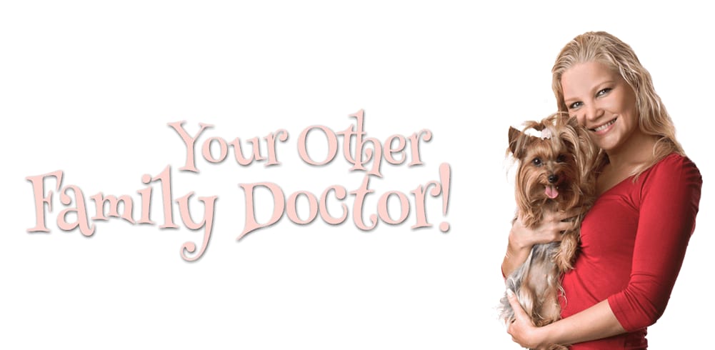 Banner reading Your Other Family Doctor, with a smiling woman in red holding a small long-haired dog