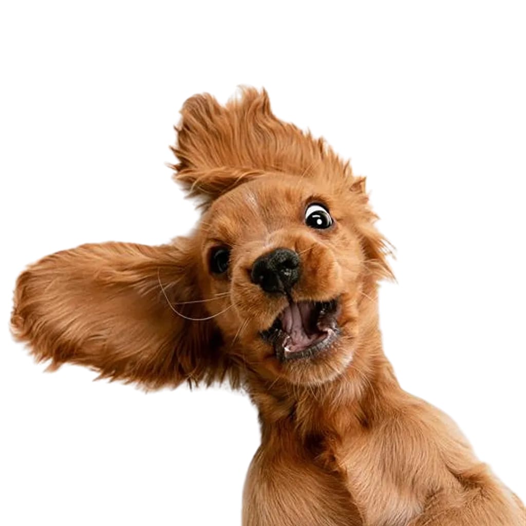 Reddish-brown dog with one ear flying out and mouth open against a white background