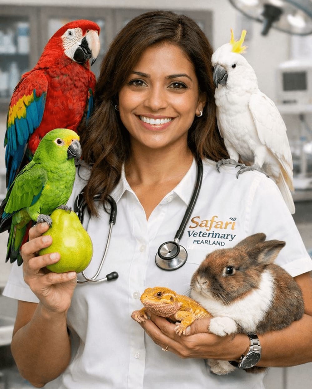 Smiling woman in a Safari Veterinary Pearland shirt with parrots, a rabbit and a small lizard
