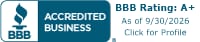 BBB Accredited Business badge showing an A+ rating as of 9/30/2026