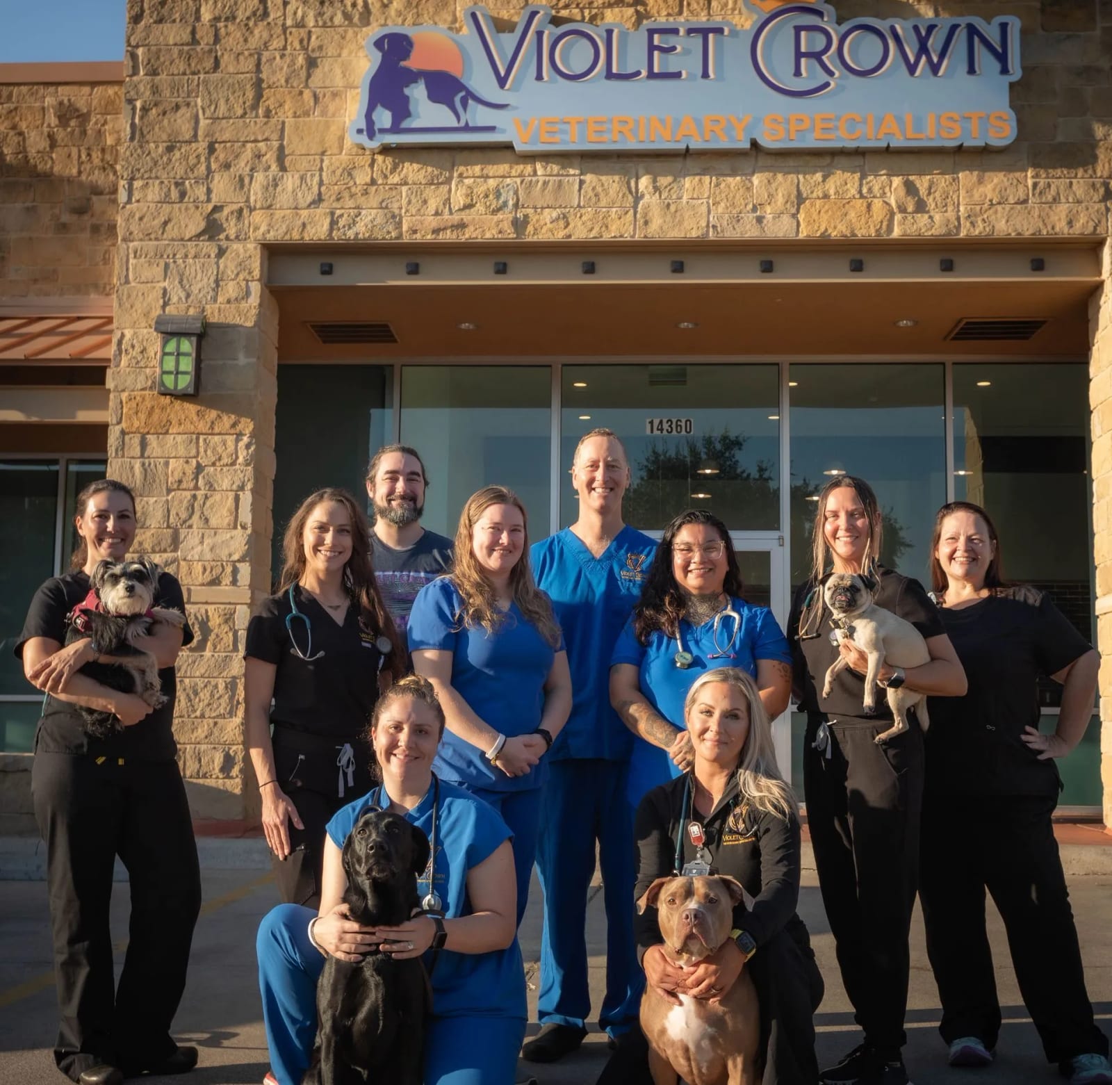 Staff of Violet Crown Veterinary Specialists with dogs in front of the stone building entrance