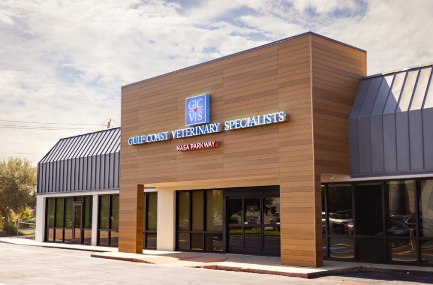 Gulf Coast Veterinary Specialists NASA Parkway building with a wood-paneled front and lit sign