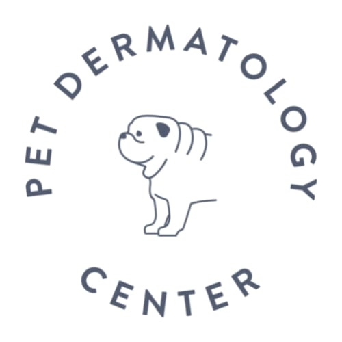 Pet Dermatology Center logo with a line drawing of a dog inside a ring of text