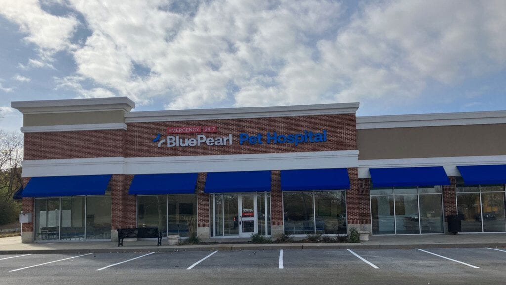 BluePearl Pet Hospital brick storefront with blue awnings and parking spaces