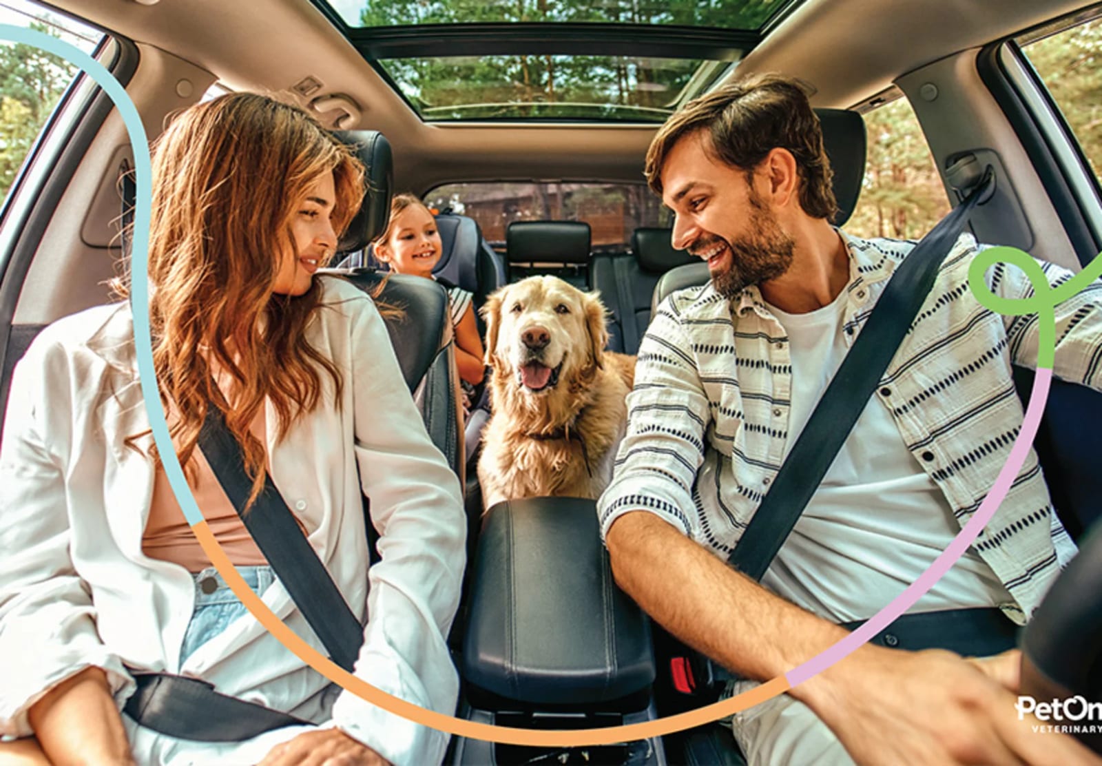 Smiling family with a golden dog in a car, framed by colourful curved lines