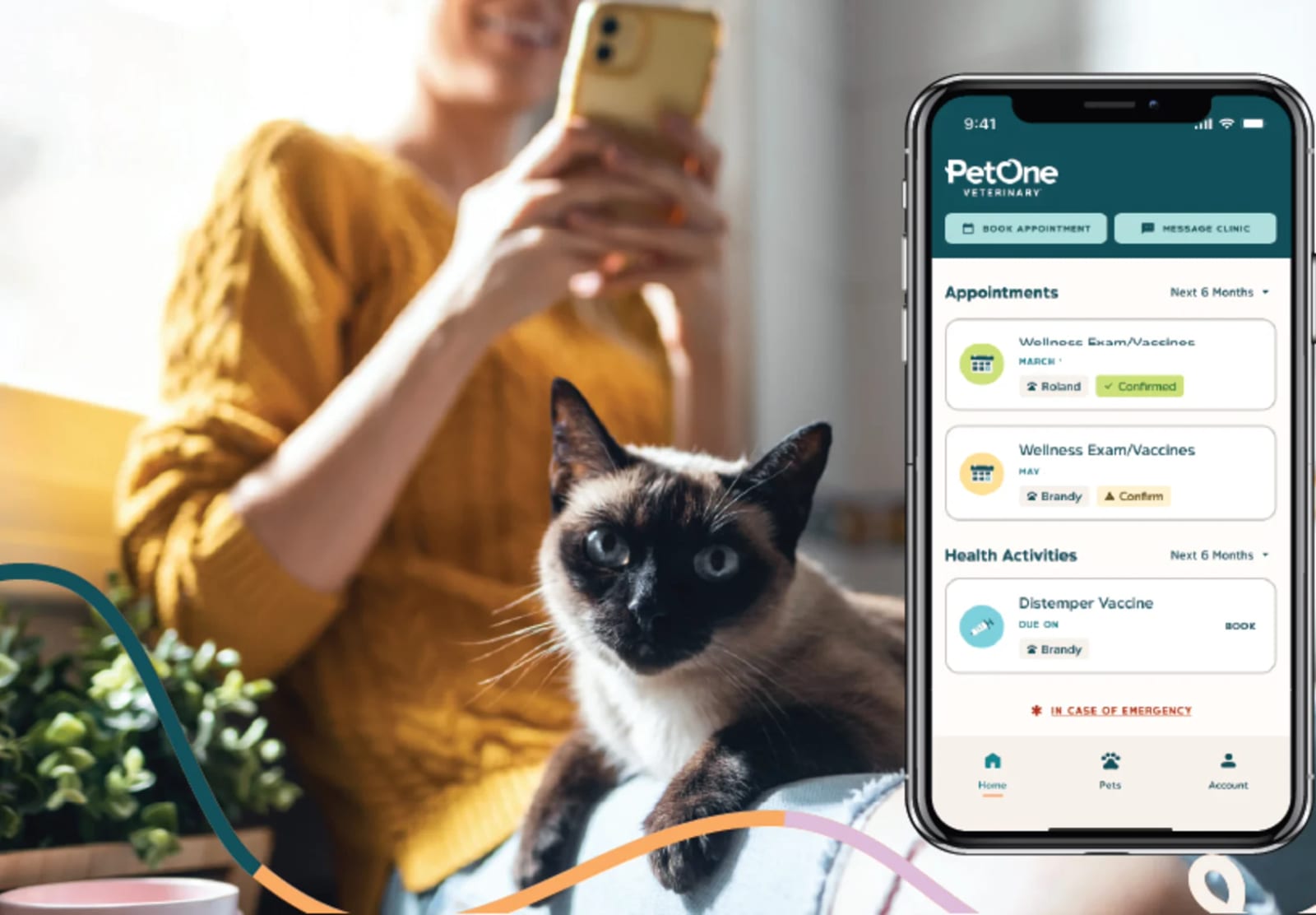 Cat on a couch beside a smartphone mockup of a pet appointments app