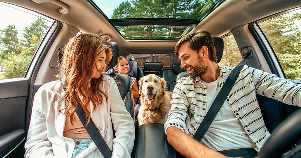 Smiling man and woman in a car with a child and a golden dog between the front seats