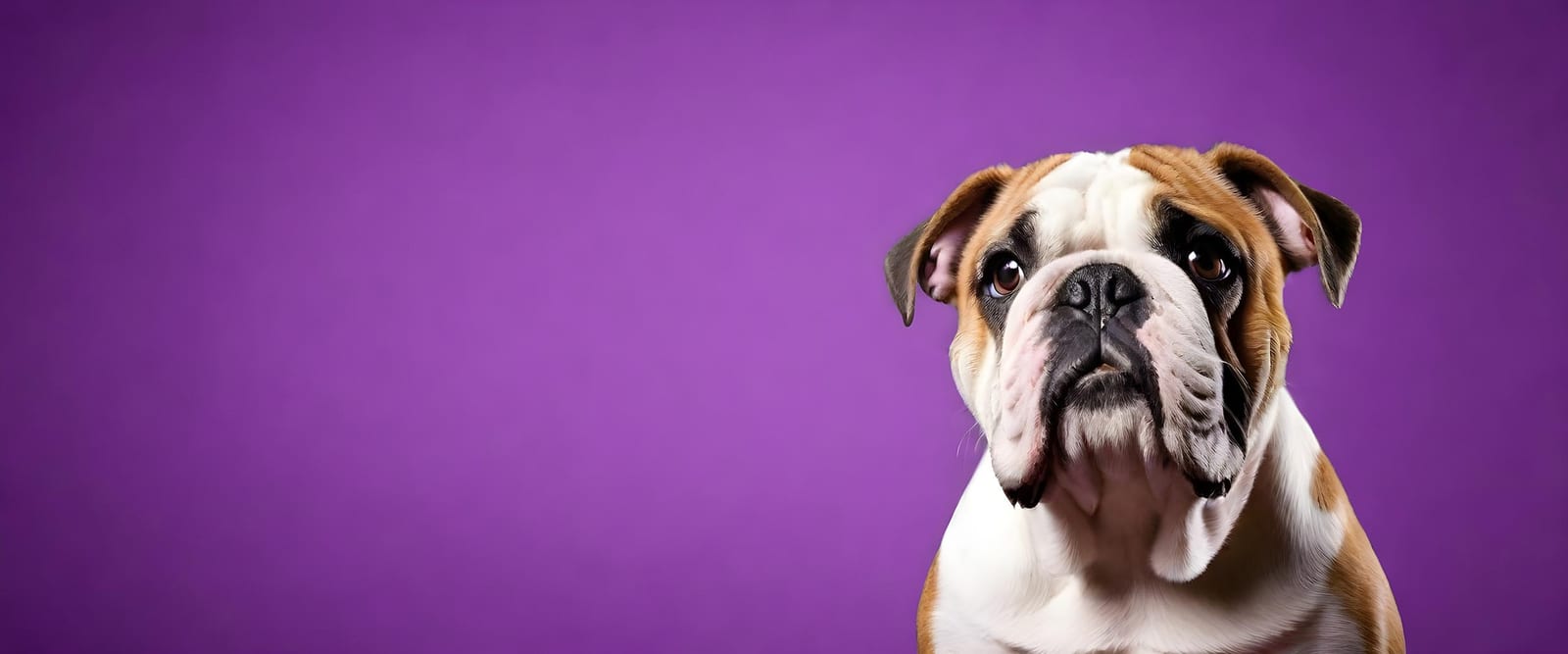 Brown and white wrinkled-face dog sitting against a purple background