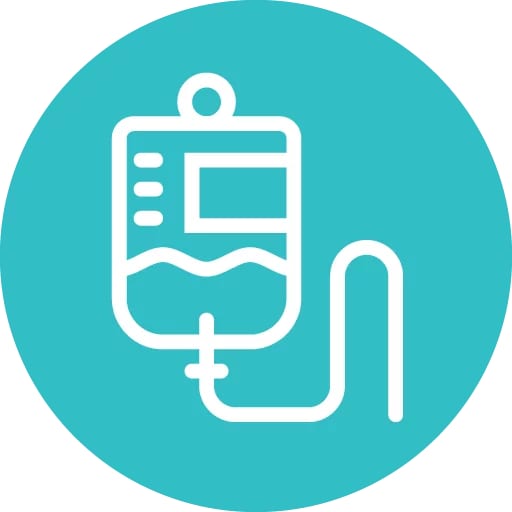 White intravenous fluid bag icon on a teal circle