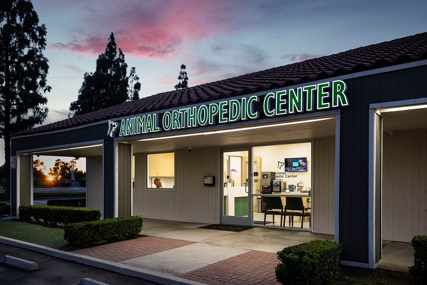 Animal Orthopedic Center building at dusk with a lit green sign over the entrance