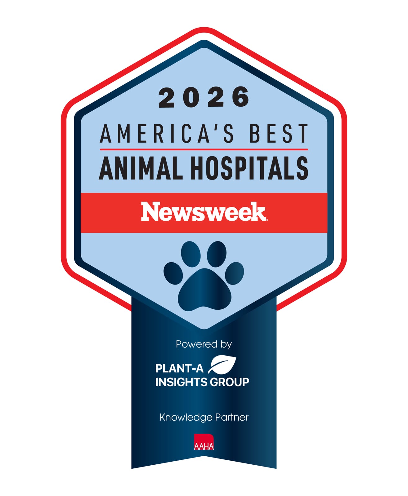 2026 America's Best Animal Hospitals Newsweek award badge with a paw print