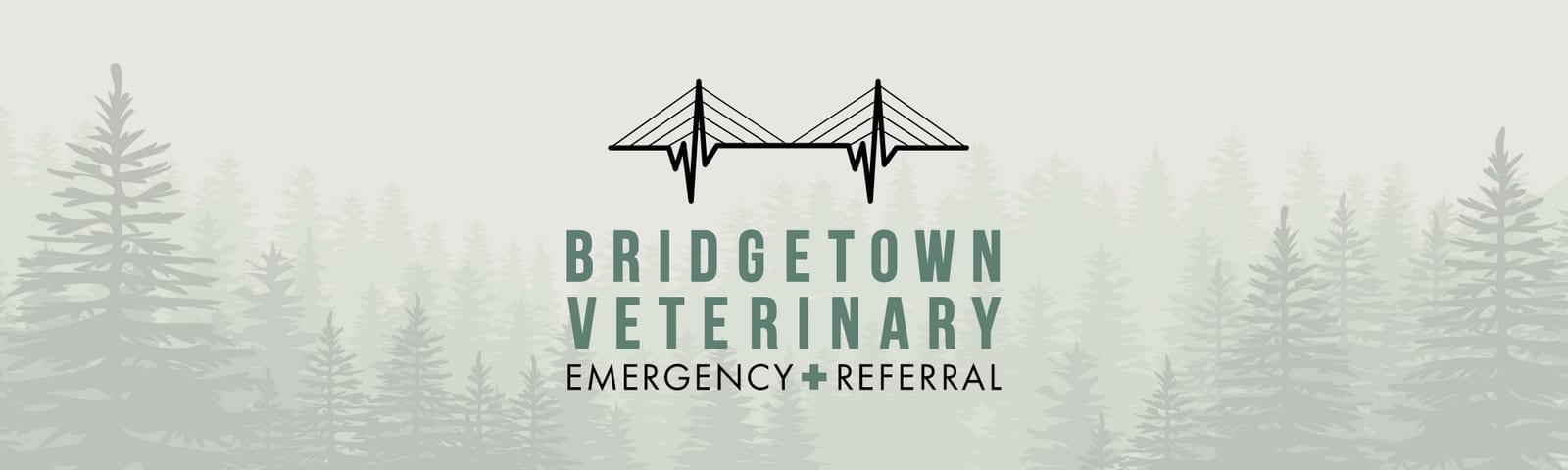 Bridgetown Veterinary Emergency and Referral logo with a bridge and heartbeat line over misty fir trees