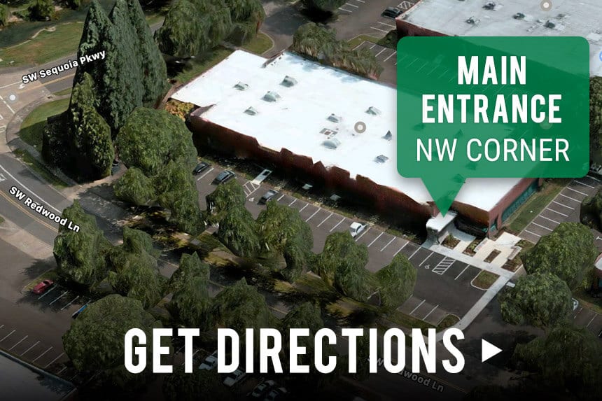 Aerial map image of a building with a label reading Main Entrance NW Corner and Get Directions