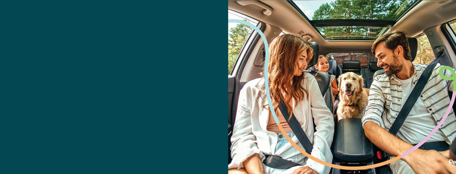 Banner with a dark teal panel and a photo of a family and a dog in a car