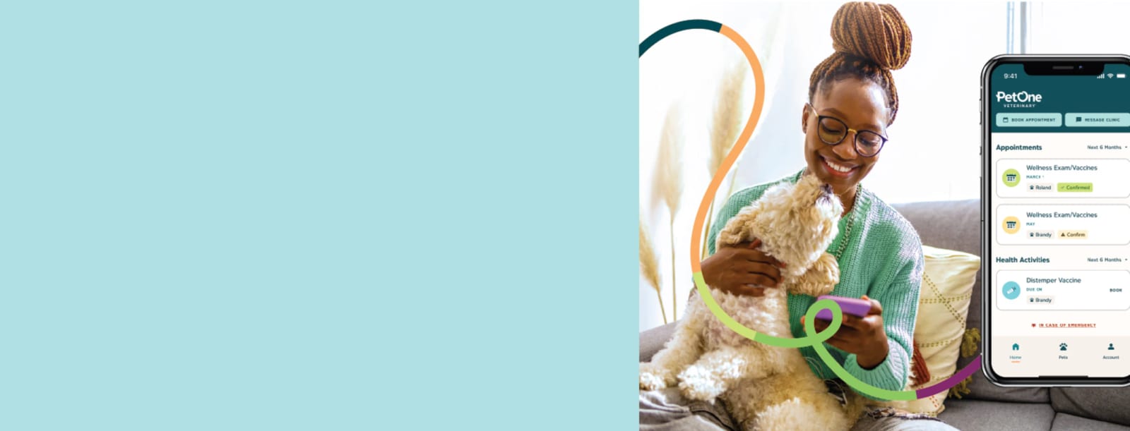 Banner with a pale blue panel, a woman holding a fluffy dog and a phone showing an app screen