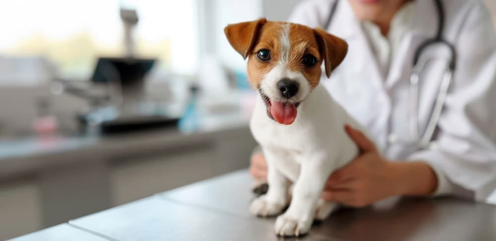 Small white dog with brown ears held on a table by a person in a white coat