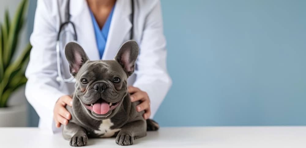 Small grey dog with upright ears sitting on a white table in front of a person in a white coat