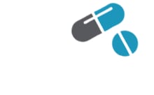Blue and grey capsule and round tablet icon on a white background