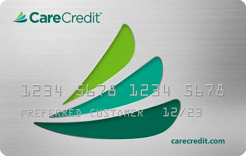 CareCredit card design with a green swoosh and the sample number 1234 5678 1234 5678