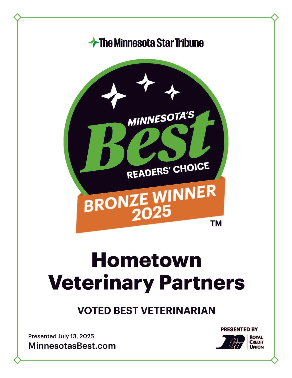 Minnesota's Best Readers' Choice Bronze Winner 2025 certificate for Hometown Veterinary Partners