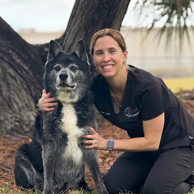 Smiling woman in black scrubs kneeling beside a grey and black dog with a white chest under a tree