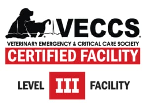 VECCS Certified Facility Level III badge with a black dog and cat outline above a red banner