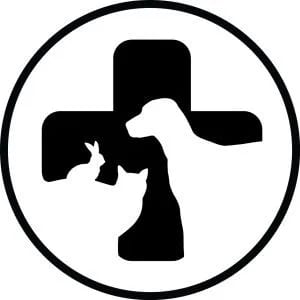 Black and white round logo of a cross with silhouettes of a dog, a cat and a rabbit