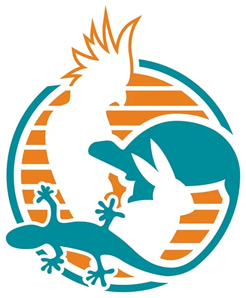 Teal and orange circular logo with silhouettes of a crested bird, a rabbit and a lizard