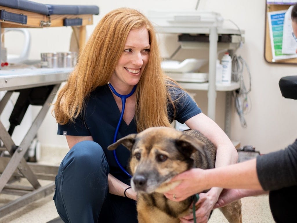 Smiling person with long red hair in navy scrubs and a stethoscope kneeling beside a tan and black dog