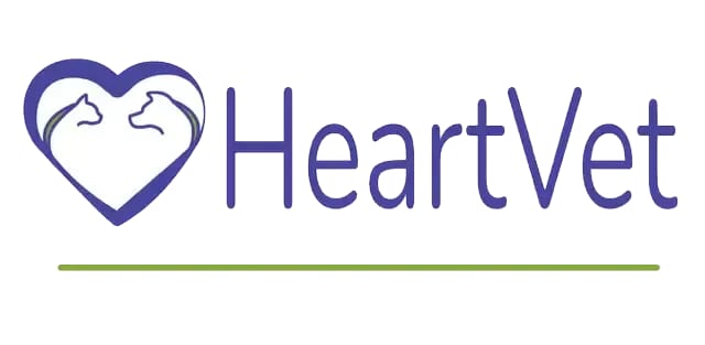 HeartVet logo with a purple cat-and-dog heart symbol, purple lettering and a green line below
