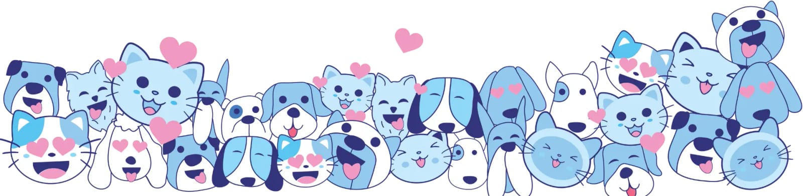 Row of cartoon cats and dogs in blue tones with pink hearts on a white background