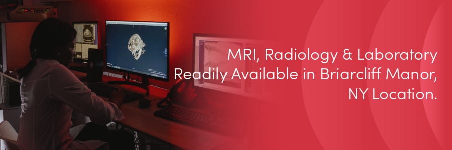 Red banner reading MRI, Radiology & Laboratory Readily Available in Briarcliff Manor, NY
