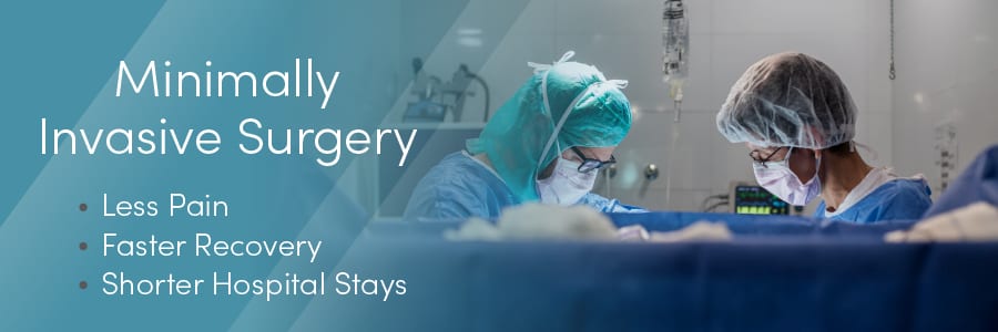 Banner reading Minimally Invasive Surgery with two people in scrub caps and masks in an operating room